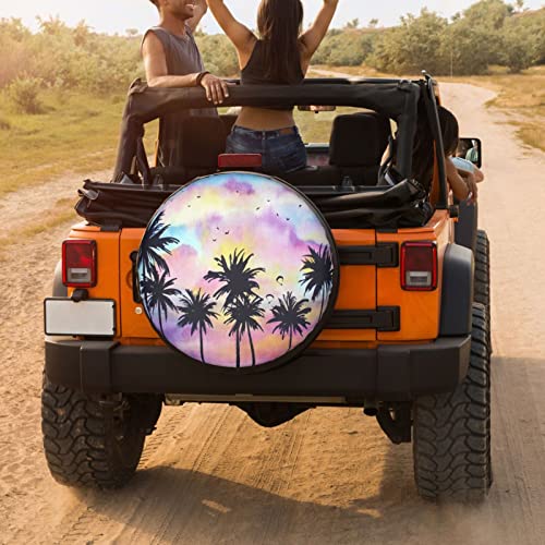 Image of Tropical Palm Tree Painting Spare Tire Cover Dust-Proof Wheel Tire Cover Fit Trailer, RV, SUV and Many Vehicle 15 Inch