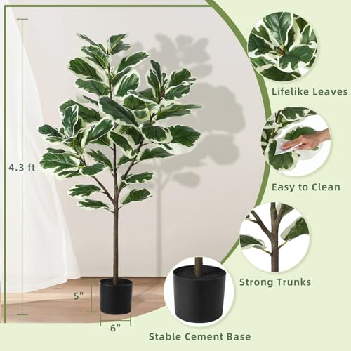 GlowSol Faux Fiddle Leaf Fig Tree, 4.3 Ft Artificial Ficus Lyrata Plant with 46 Fiddle Leaves, Potted Tall Fake Plants for Indoor Outdoor Home Office Living Room Decor Housewarming Gift