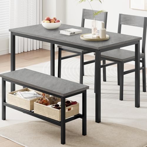 GarveeMore Juego de Comedor Grande   con 2 sillas y 1 Banco con Almacenamiento, Ideal para Comedor y salón, Estructura metálica Resistente, Material PB y Madera, para 4 o más Personas, Color Gris