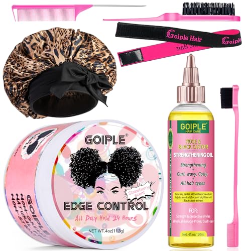 Image of Edge Control Wax for Women Strong Hold - Edge Smoother Edge Wax Styling Gel Edge Control Wax for Black Hair - Rose & Castor Hair Oil for Hair Growth Strengthening Hair Oil Briad Bonnet Brush Set