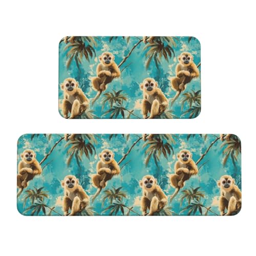 GVYGVY Antifatigue Kitchen Mats for Floor 2 Piece - Tropical Cute Monkey Print Kitchen Rugs Washable, Non Slip Runner Rug Standing Mat for Office/Bathroom/Laundry/Home Decor and Accessories
