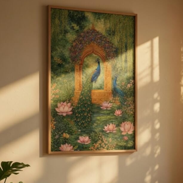 Image of Livin'luxe Royal Peacock Garden Wall Painting with Wooden Frame | Elegant Peacock Lotus Artwork HD UV Laminated MDF Wall Decor | Traditional Nature Wall Art for Living Room Bedroom