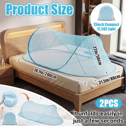 Image of 2 Pcs Large Pop up Mosquito Tent Portable Foldable Mosquito Bug Net for Bed Camping Travel Patio Outdoor 78 * 31 * 22 Inch Bug Netting Mesh Tent Canopy for Adults Bedroom, Blue