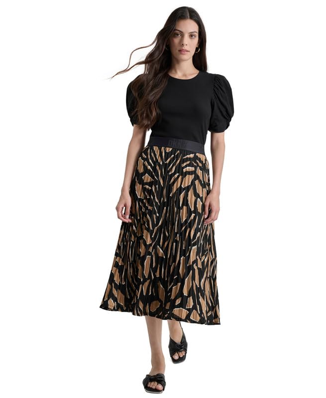 DKNY Womens Pull-On Printed Midi Skirt Abstract Geo Truffle Medium