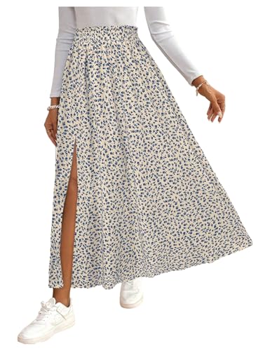 Milumia Women's Boho Ditsy Floral Skirt High Waist Split Thigh Flowy Long Maxi Skirts Apricot X-Large