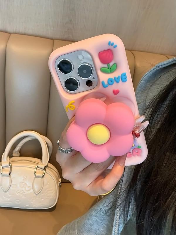 Image of COVERLY for Apple iPhone 12 Pro Cute 3D Flower Petal Love Cartoon Case,Full Protective Case Kawaii Adorable Kitty Pink Floral Pop Case with Holder Soft Silicone Fashion Aesthetic Cover