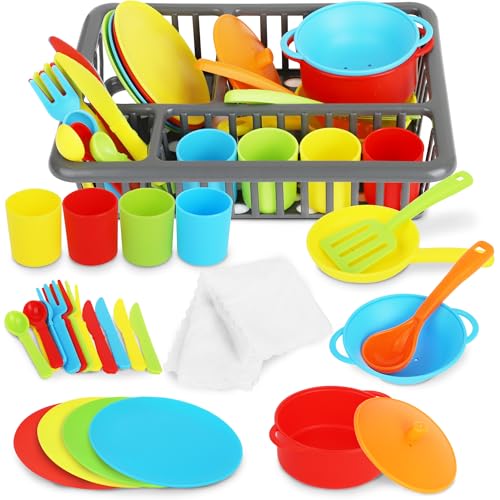 Playkidiz Kids Play Dishes with Drainer - 27PC Tableware & Pretend Kitchen Accessories Plastic Play Set - Durable and Colourful for Children Ages 3+