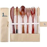 Boao 7 Pieces Wooden Cutlery Bamboo Travel Utensils Set, Include Knife, Fork, Spoon, Coffee Spoon, Wooden Straw and Straw Brush with Bag (Paint Color with Khaki Bag)