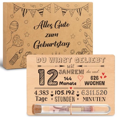 Giftota 12 Geburtstag Geldgeschenke Holz mit Reagenzglas Juteschnur Holzkarte Geschenkbox - 12 Geburtstag Geschenk Mädchen Jungen
