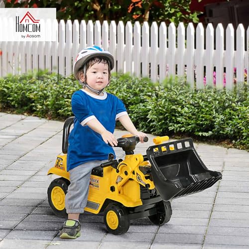 HOMCOM Ride On Excavator Pull Cart, Kids Bulldozer Ride on Truck with Horn, Under Seat Storage, Sit and Scoot Pretend Play Toy Construction Car for Ages 18-48 Months