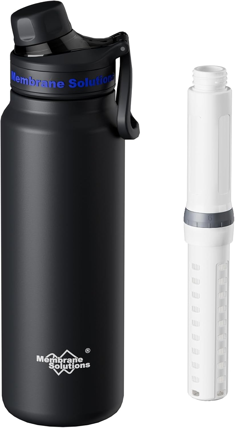 Membrane Solutions C3 Filtered Water Bottle, 32oz Stainless Steel Water Bottle with Replaceable Filter Cartridge, Portable Water Filter, Travel, Hiking & Camping for Drinking Water(Black) Membrane Solutions C3 Filtered Water Bottle, 32oz Stainless Steel Water Bottle with Replaceable Filter Cartridge, Portable Water Filter, Travel, Hiking & Camping for Drinking Water(Black)