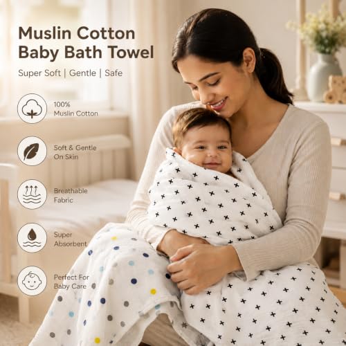 Image of Organic Cotton Muslin Pack of 2 Baby Bath Towel Cotton Cloth Premium Baby Washable, Reusable, Absorbent, Extra Soft 120 X 120 Cm Multi Dot & Black Plus