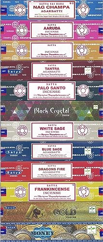 Satya-Bangalore-BNG-Set-of-12-Nag-Champa-Money-Gold-Black-Crystal-Aaruda-Palo-Santo-White-Sage-Frankincense-Tantra-Blue-Sage-Dragons-Fire-VarietyPack04