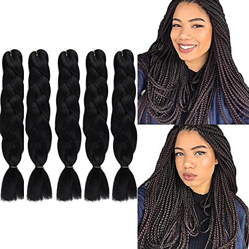 Jumbo Braiding Hair 100G Low Temperature Synthetic Fiber Hair 5Pcs Crochet Twist Braids 24" Long Hair Extensions for Woman (Black Color)