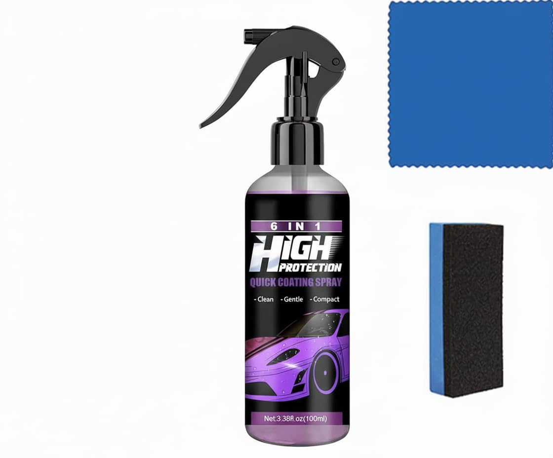 High Protection 6 in 1 Car Coating Cleaning Spray with Towel and Sponge, Scratch Repair, Fast Wax Polishing, Quick Coat Car Wax Polish Spray, Advanced Nanotechnology Protection (100ML)