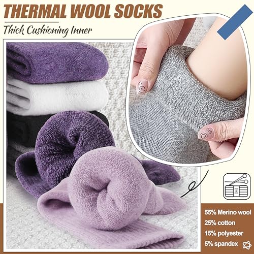 Image of EBMORE 5 Pairs Women Merino Wool Boot Socks Warm Thermal Winter Thick Hiking Cozy Cabin Crew Comfy Socks for Ladies