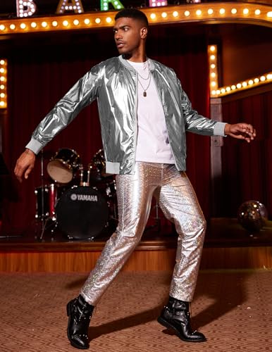COOFANDY Men's Metallic Jacket 70s Disco Party Varsity Jacket Zip-up Baseball Bomber3