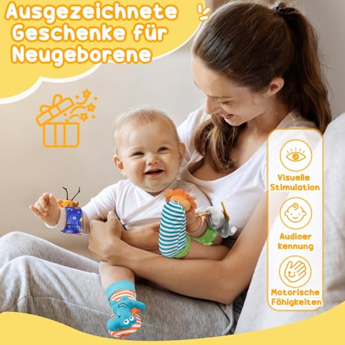 URMYWO 4Pcs Rassel Baby Socken Babyspielzeug Handgelenk Und Neugeborenen-Spielzeug für Babys, Mädchen, Jungen Frühe Bildung Spielzeug für Neugeborene Kleinkinder Spielzeug für Babyspielzeug 0-6 Monate