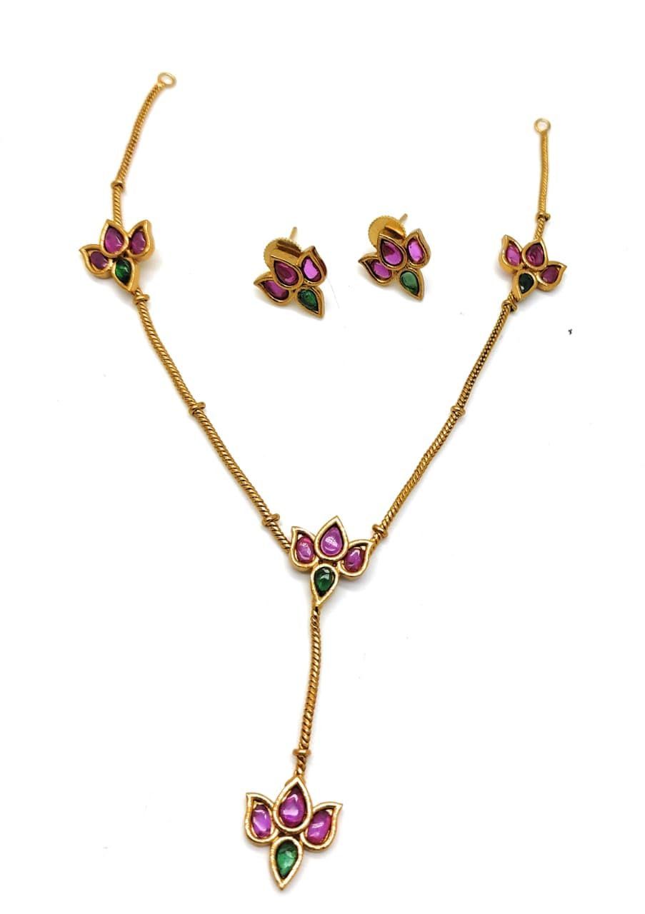 Adc fashions Antique Multi Stone Lotus Earring and Necklace Set for Women, Jewellery Set for Women, Simple Design