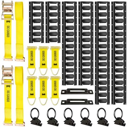 DC Cargo Mall E Track Rail Tie-Down Kit - 22 Piece Set Etrack Kit 6 Rails 2 Single Slot Anchors 6 Rope Tie Offs & 6 O Rings 2 Ratchet Straps for E Track Accessories System