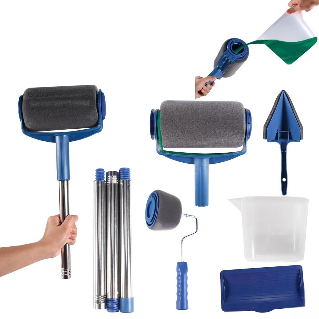 Sterlingedge Blue 8Pcs Paint Runner Pro Roller Brush Set With Extension Handle | Diy Wall & Ceiling Painting Kit With Flocked Edger, Corner Cutter, Tray & Pour Jug | Reusable Paint Roller Kit For Home