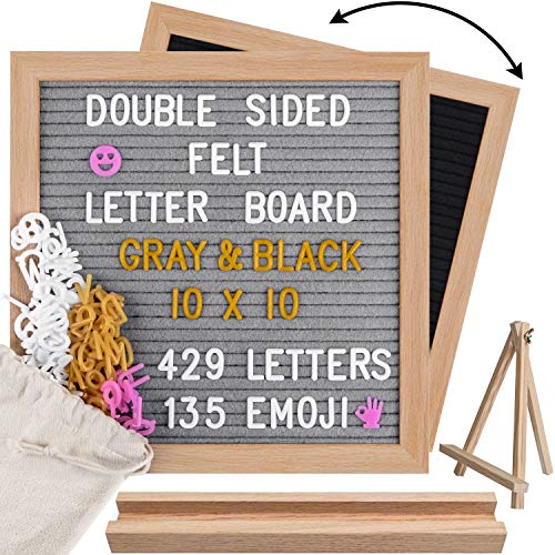 Double Sided Felt Letter Board 10x10, Gray/Black Changeable Sign Message Board, 564 Precut Letters(3 Colors), Wood Frame Word Board with 2 Stands