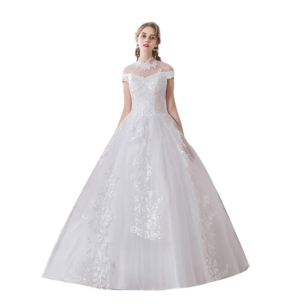 Vestido de novia elegante con cuello alto para mujer, largo hasta el suelo, falda esponjosa, bordado de noche, vestido de fiesta, bonito vestido (color: blanco, talla: extragrande) (blanco XL)