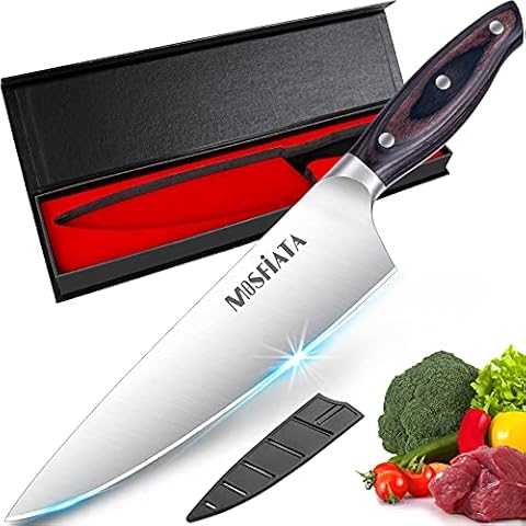 MOSFiATA Chef Knife 8 Inch Kitchen Cooking Knife, 5Cr15Mov High Carbon Stainless Steel Sharp Knife with Ergonomic Pakkawood Handle, Full Tang Vegetable Meat Cutting Knife with Sheath for Home Kitchen Cover