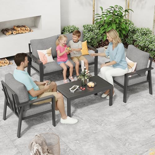 Image of Aluminum Outdoor Patio Furniture Sets All-Weather Patio Conversation Set Sectional Sofa with Coffee Table & Cushions w /Removable Covers for for Deck Backyard Garden Poolside Balcony Porch