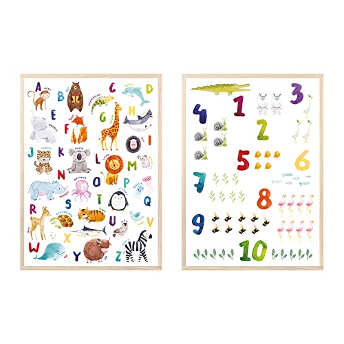 MeinBaby123® Bilder Kinderzimmer | 2er Set A4 Poster Set | Alphabet ABC Lernposter Zahlen mit Tiere | Deko Kinderzimmer Babyzimmer | Wandposter Premium (Alphabet & Zahlen - Set 1) Cover