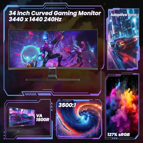 Image of Gawfolk 34 Inch Ultrawide Curved Gaming Monitor 240Hz, UWQHD 3440x1440 Curved 1500R 21:9 Computer Monitor PIP /PBP, 1ms(MPRT) 127% sRGB, HDMI & DP, Tilt Adjustable, for Immersive Gaming & Office