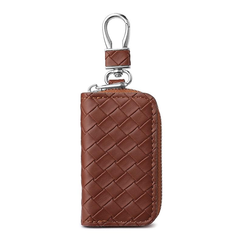 Auswalar Funda para llave de coche de cuero tejido marrón, protectores antiarañazos, soporte de cuero para llaves de coche, funda para llave de coche con cremallera, soporte para llaves de coche para