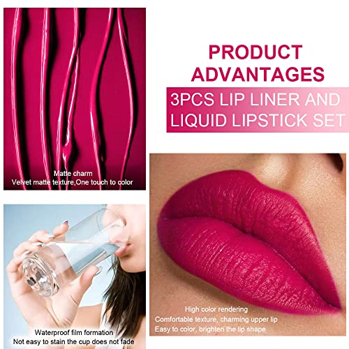 Evpct 3Pcs Black Red Matte Lip Liner Pencil And Liquid Lipstick Sets For Women Long Lasting Lipstick 24 Hour Waterproof Dark Red Purple Rose Pink Lip Stick/Gloss Set Labiales Mate 24 Horas Originales thumb #5