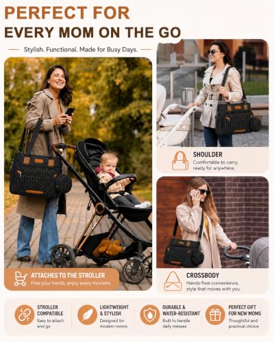 Image of FHELAD Diaper Bag Tote for Women, Baby Diaper Bag 16L (Obsidian Black) | 5 Insulated Pockets, Changing Pad, Pacifier Case, Stroller Clip, 15.6 Inch Laptop Compartment, Detachable Shoulder Strap