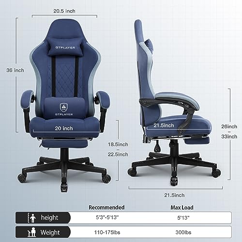 GTPLAYER Gaming Chair with Footrest Fabric Office Chair with Pocket Spring Cushion and Linkage Armrests, High Back Ergonomic Computer Chair with Lumbar Support Task Chair for Adult (Deep Blue)