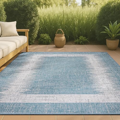 JONATHAN Y Scandi Border Indoor Outdoor Area Rug 3X5 Aqua/Ivory, Minimalist for Backyard, Patio, Porch, Easy-Cleaning, High Traffic, Pet-Friendly, Non-Shedding (SMB118A-3)