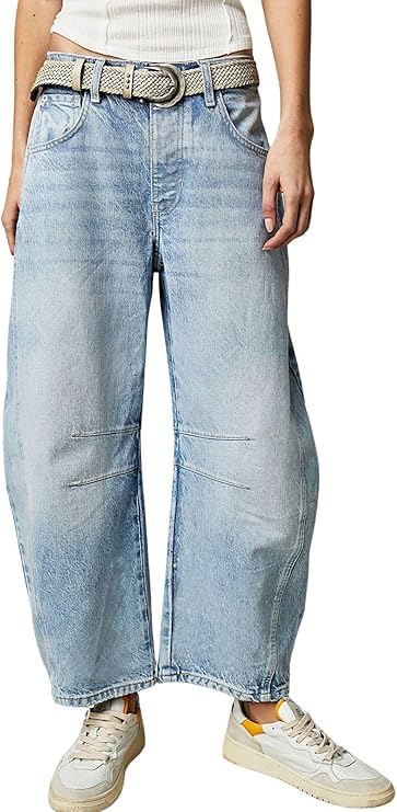 Barrel Jeans Women,Mid Rise Barrel Jeans for Women Wide Leg Loose Y2K Boyfriend Baggy Jeans Cropped Denim Pants with Pockets