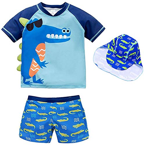 Baby Toddler Boys Two Piece Rash Guard Swimsuits Kids Short Sleeve Sunsuit Swimwear Sets with Hat UPF 50+ Crocodile(9-18 Months)