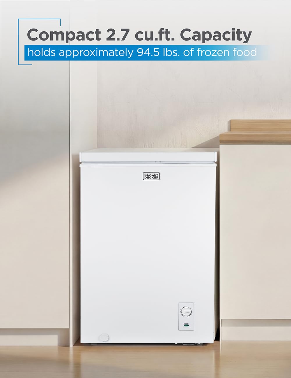 Black+Decker 2.7 Cu. Ft. Compact Chest Freezer, Deep Freezer Holds Up To 94.5 Lbs. Of Frozen Food, Removable Storage Basket, Bcfk276, White on Fridge.com - View 3