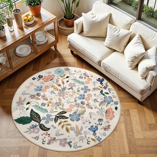 Washable Floral Round Rugs for Bedroom - 4x4 Feet Circle Area Rugs for Living Room Nursery Non-Slip Stain Resistant Ultra Soft Carpet for Teen Girls and Boys Dorms Home Decor Aesthetic(4ft,Cream)