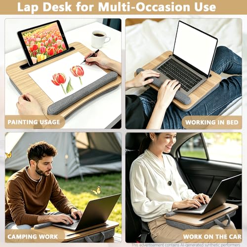 Image of Portable Lap Desk 14-17 Inch Laptops, Storage Bag | Light wood-toned finish, padded cushion, straps & storage for home car travel