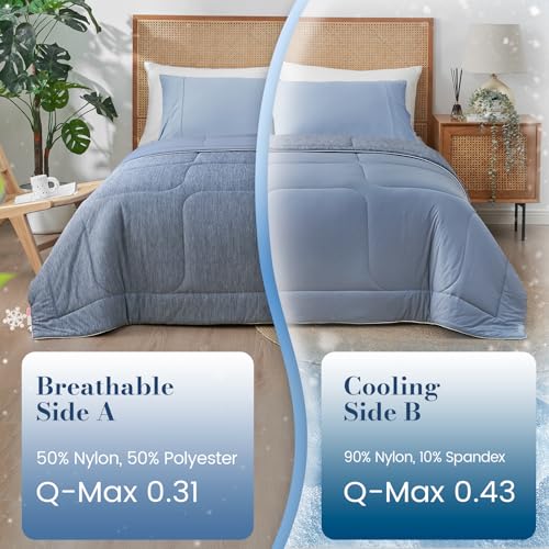 Amélie Home Cooling Comforter Queen Size, Dual-Sided Lightweight Cooling Blanket for Hot Sleepers, Q-Max 0.43 Breathable Cooling Quilt for Night Sweats, 90" x 90", Heather Denim Blue