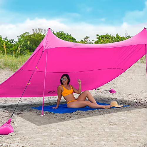 Red Suricata Family Beach Sunshade - Sun Shade Canopy | UPF50 UV Protection | Tent with 4 Aluminum Poles, 4 Pole Anchors, 4 Sandbag Anchors | Large & Portable Shelter Tarp - Thumbnail 4