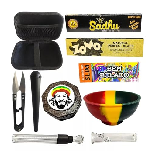 Kit Completo para Fumantes 10 Itens com Seda, Seda de Vidro, Tesoura, Triturador, Cuia Antiaderente, Piteira de Vidro, Estojo Case e Tubinho