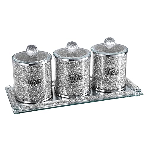 Encuentra reviews de Recipientes decorativos para azúcar más recomendados. 37 JUXYES - Juego de 4 recipientes de vidrio abrasivo con diamantes triturados para azúcar, café, té, bandeja de almacenamiento, lujosos recipientes de almacenamiento con tapas,...
