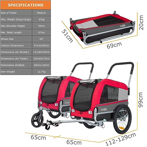 Tiggo VS Pets Medium Hundeanhänger & Buggy 2in1 Fahrradanhänger Hundebuggy Jogger 80204 (ROT)