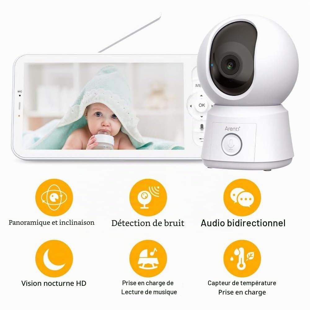 ARENTI AINanny B2 Kit de babyphone vidéo Full HD avec écran LCD de 12,7 cm (5") avec Fonction panoramique et Inclinaison avec Suivi Automatique