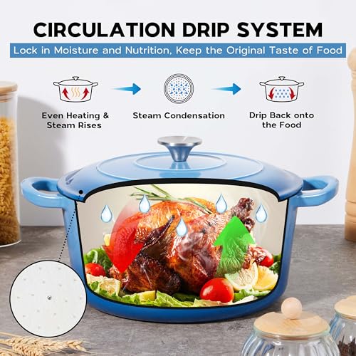 Onader Enameled Cast Iron Dutch Oven Pot with Lid, 7 Quart Round Dutch Oven for Bread Baking, Heavy Duty Large Cast Iron Pot - Blue