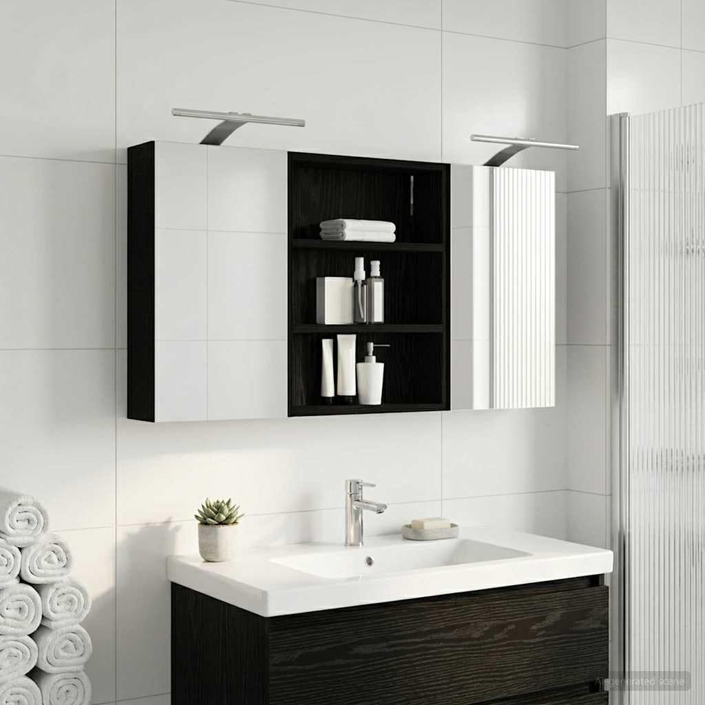 Set di 3 armadietti da bagno in legno, 100 x 10,5 x 50 cm, montaggio a parete con illuminazione a LED, specchio a due vie, vano portaoggetti, ante e ripiani per mobili da bagno