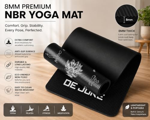 Image of De Jure Fitness Yoga Mat for Women and Men, 8mm Extra Thick Non-Slip NBR Exercise Mat for Yoga, Pilates, Gym & Floor Workouts - with Carry Strap